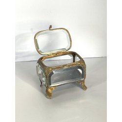 ANTICO SCRIGNO cofanetto PORTAGIOIE in VETRO BISELLATO francese XIX sec OTTONE