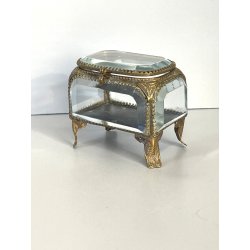 ANTICO SCRIGNO cofanetto PORTAGIOIE in VETRO BISELLATO francese XIX sec OTTONE