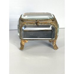 ANTICO SCRIGNO cofanetto PORTAGIOIE in VETRO BISELLATO francese XIX sec OTTONE