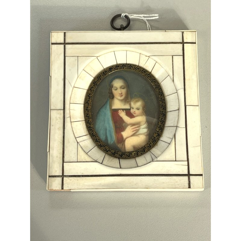ANTICA miniatura MADONNA col BAMBINO cornice OVALE religioso devozionale