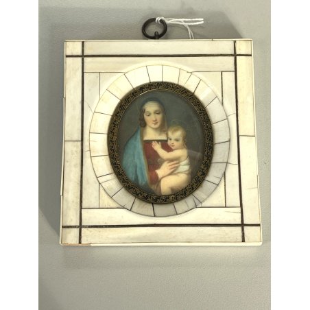ANTICA miniatura MADONNA col BAMBINO cornice OVALE religioso devozionale