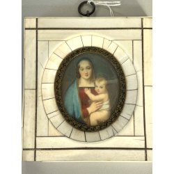 ANTICA miniatura MADONNA col BAMBINO cornice OVALE religioso devozionale