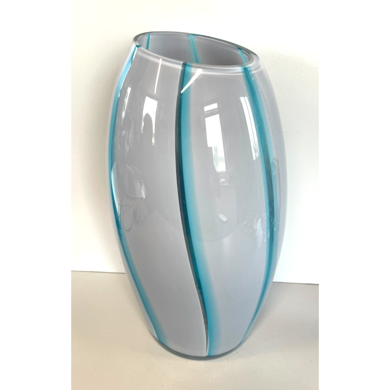 GRANDE VASO VETRO MURANO FIRMATO ARCHIMEDE SEGUSO VINTAGE DESIGN AZZURRO BIANCO