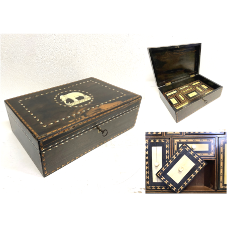 ANTICA SCATOLA RETTANGOLARE ANGLO INDIANA LEGNO MICROINTARSIO VITTORIANA XIX sec
