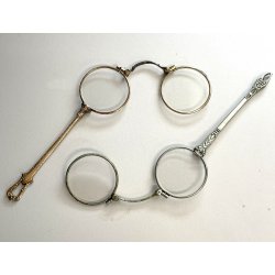 coppia antichi OCCHIALI LORGNETTE MANICO pieghevoli METALLO dorato argentato XIX