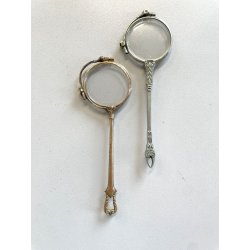 coppia antichi OCCHIALI LORGNETTE MANICO pieghevoli METALLO dorato argentato XIX
