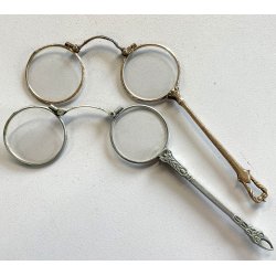 coppia antichi OCCHIALI LORGNETTE MANICO pieghevoli METALLO dorato argentato XIX