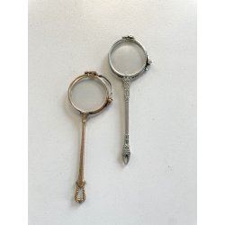 coppia antichi OCCHIALI LORGNETTE MANICO pieghevoli METALLO dorato argentato XIX