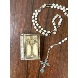 SCATOLA antica con ROSARIO argento 800 PORTA RELIQUIA croce PAPA ricordo ROMA