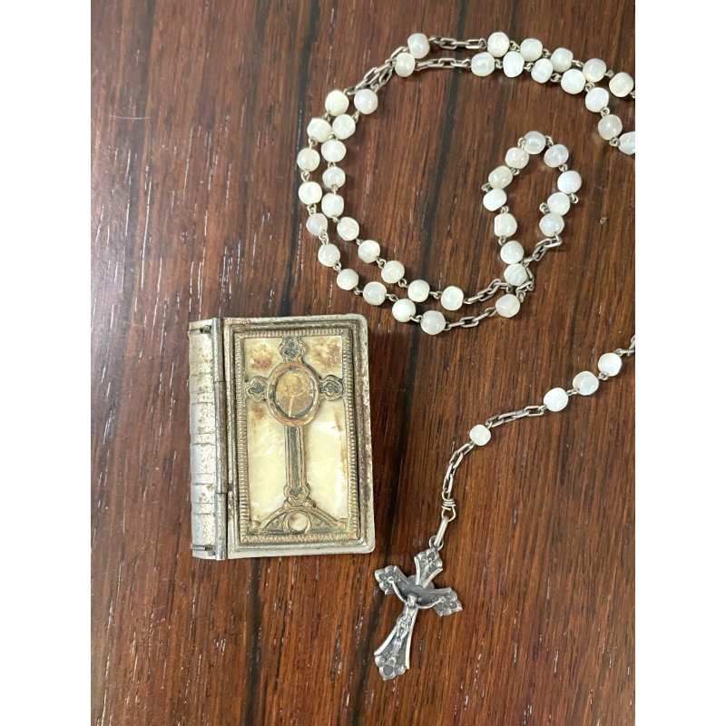 SCATOLA antica con ROSARIO argento 800 PORTA RELIQUIA croce PAPA ricordo ROMA