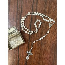 SCATOLA antica con ROSARIO argento 800 PORTA RELIQUIA croce PAPA ricordo ROMA