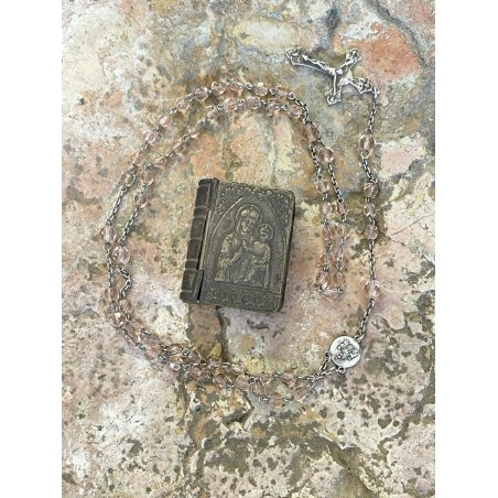 antica LIBRO SCATOLA con ROSARIO argento 800 porta reliquia MADONNA col BAMBINO