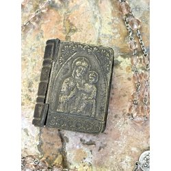 antica LIBRO SCATOLA con ROSARIO argento 800 porta reliquia MADONNA col BAMBINO
