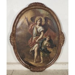 ANTICO QUADRO OVALE DIPINTO OLIO TELA epoca 700 ANGELO CUSTODE BAMBINO CORNICE