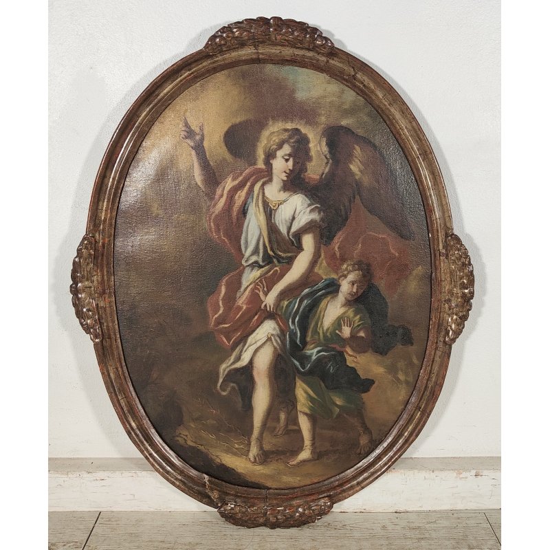 ANTICO QUADRO OVALE DIPINTO OLIO TELA epoca 700 ANGELO CUSTODE BAMBINO CORNICE