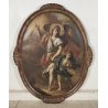 ANTICO QUADRO OVALE DIPINTO OLIO TELA epoca 700 ANGELO CUSTODE BAMBINO CORNICE
