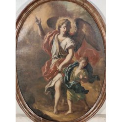 ANTICO QUADRO OVALE DIPINTO OLIO TELA epoca 700 ANGELO CUSTODE BAMBINO CORNICE