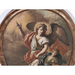 ANTICO QUADRO OVALE DIPINTO OLIO TELA epoca 700 ANGELO CUSTODE BAMBINO CORNICE