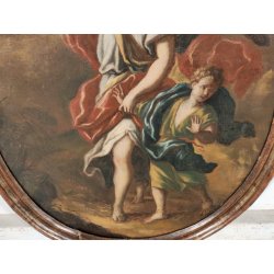 ANTICO QUADRO OVALE DIPINTO OLIO TELA epoca 700 ANGELO CUSTODE BAMBINO CORNICE