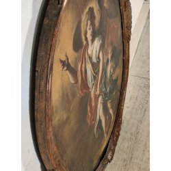 ANTICO QUADRO OVALE DIPINTO OLIO TELA epoca 700 ANGELO CUSTODE BAMBINO CORNICE