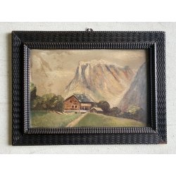 ANTICO DIPINTO OLIO TAVOLA PAESAGGIO MONTANO G. Venturini CORNICE GUILLOCHE '800