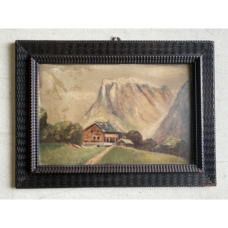 ANTICO DIPINTO OLIO TAVOLA PAESAGGIO MONTANO G. Venturini CORNICE GUILLOCHE '800