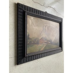 ANTICO DIPINTO OLIO TAVOLA PAESAGGIO MONTANO G. Venturini CORNICE GUILLOCHE '800