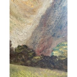 ANTICO DIPINTO OLIO TAVOLA PAESAGGIO MONTANO G. Venturini CORNICE GUILLOCHE '800