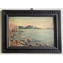 ANTICO DIPINTO OLIO TAVOLA PAESAGGIO MARINA G. Venturini CORNICE GUILLOCHE '800