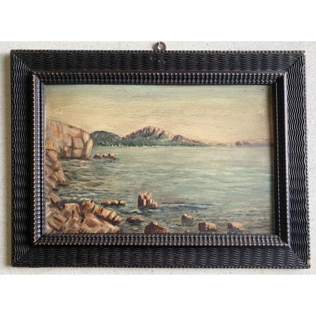 ANTICO DIPINTO OLIO TAVOLA PAESAGGIO MARINA G. Venturini CORNICE GUILLOCHE '800