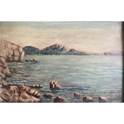 ANTICO DIPINTO OLIO TAVOLA PAESAGGIO MARINA G. Venturini CORNICE GUILLOCHE '800