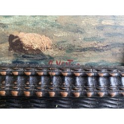 ANTICO DIPINTO OLIO TAVOLA PAESAGGIO MARINA G. Venturini CORNICE GUILLOCHE '800