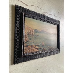 ANTICO DIPINTO OLIO TAVOLA PAESAGGIO MARINA G. Venturini CORNICE GUILLOCHE '800