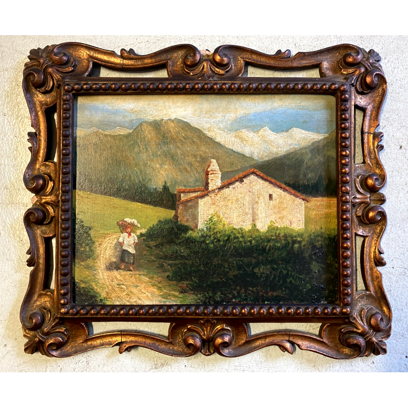 ANTICO QUADRO OLIO Omero Solaro PAESAGGIO MONTANO BAITA CORNICE SCOLPITA VOLUTE