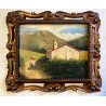 ANTICO QUADRO OLIO Omero Solaro PAESAGGIO MONTANO BAITA CORNICE SCOLPITA VOLUTE