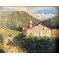 ANTICO QUADRO OLIO Omero Solaro PAESAGGIO MONTANO BAITA CORNICE SCOLPITA VOLUTE