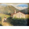 ANTICO QUADRO OLIO Omero Solaro PAESAGGIO MONTANO BAITA CORNICE SCOLPITA VOLUTE