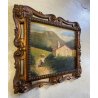 ANTICO QUADRO OLIO Omero Solaro PAESAGGIO MONTANO BAITA CORNICE SCOLPITA VOLUTE