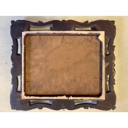 ANTICO QUADRO OLIO Omero Solaro PAESAGGIO MONTANO BAITA CORNICE SCOLPITA VOLUTE
