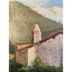 ANTICO QUADRO OLIO Omero Solaro PAESAGGIO MONTANO BAITA CORNICE SCOLPITA VOLUTE