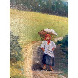 ANTICO QUADRO OLIO Omero Solaro PAESAGGIO MONTANO BAITA CORNICE SCOLPITA VOLUTE