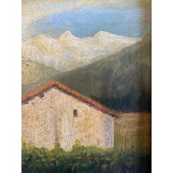 ANTICO QUADRO OLIO Omero Solaro PAESAGGIO MONTANO BAITA CORNICE SCOLPITA VOLUTE