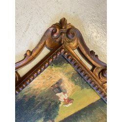ANTICO QUADRO OLIO Omero Solaro PAESAGGIO MONTANO BAITA CORNICE SCOLPITA VOLUTE