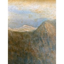 ANTICO QUADRO OLIO Omero Solaro PAESAGGIO MONTANO BAITA CORNICE SCOLPITA VOLUTE