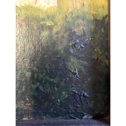 ANTICO QUADRO OLIO Omero Solaro PAESAGGIO MONTANO BAITA CORNICE SCOLPITA VOLUTE