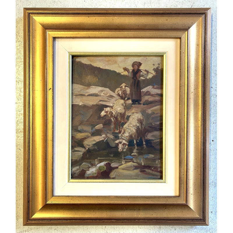 ANTICO QUADRO OLIO SCENA GENERE RIPRODUZIONE PASTORELLA con PECORE DI S. Bruzzi