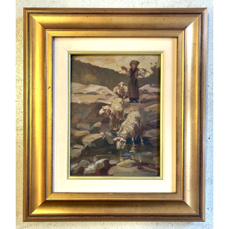ANTICO QUADRO OLIO SCENA GENERE RIPRODUZIONE PASTORELLA con PECORE DI S. Bruzzi