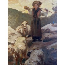 ANTICO QUADRO OLIO SCENA GENERE RIPRODUZIONE PASTORELLA con PECORE DI S. Bruzzi