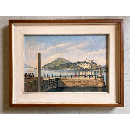 QUADRO DIPINTO OLIO TELA PAESAGGIO LAGO MAGGIORE ROCCA CASTELLO ANGERA ARONA '66