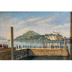 QUADRO DIPINTO OLIO TELA PAESAGGIO LAGO MAGGIORE ROCCA CASTELLO ANGERA ARONA '66